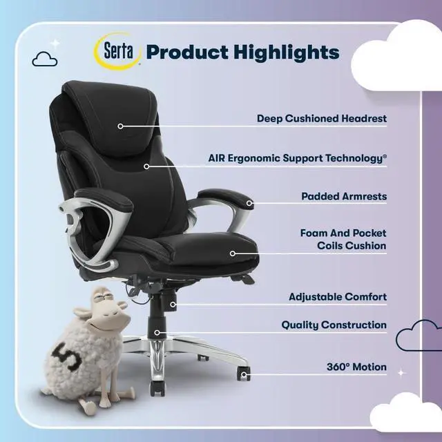 Alt view image 4 of 7 - Serta Bryce Executive Office Chair, Ergonomic Computer Desk Chairs with Patented AIR Lumbar Support, Comfy Body Pillows, Height Adjustable, Swivel Base with Wheels, Bonded Leather, Black