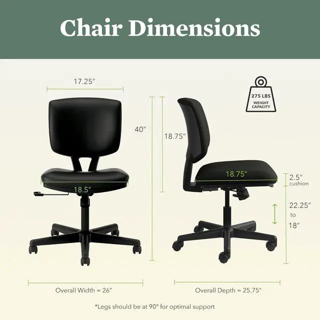 Alt view image 2 of 6 - HON Volt Ergonomic Office Chair, Armless, Office Desk Computer Chair, Black | Leather desk chair with armless design, rolling mobility, office decor, workstation seating for productivity and study