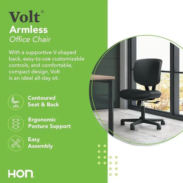 Alt view image 3 of 6 - HON Volt Ergonomic Office Chair, Armless, Office Desk Computer Chair, Black | Leather desk chair with armless design, rolling mobility, office decor, workstation seating for productivity and study