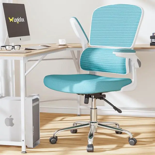 Alt view image 2 of 7 - Logicfox Office Chair, Ergonomic Desk Chair - Thick Cushion Adjustable Height Computer Chair with Lumbar Support and Flip-up Armrests, Home Office Desk Chairs, Swivel Executive Task Chair, Light Blue