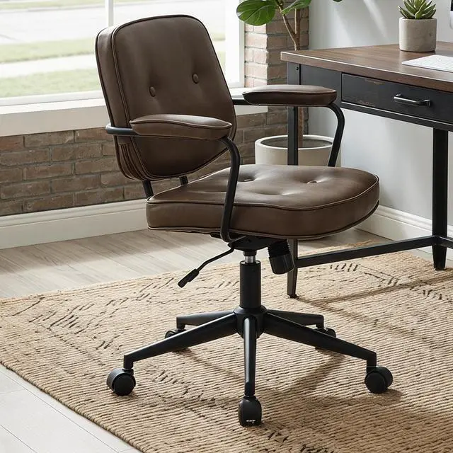 Main image of LukeAlon Comfy PU Leather Office Chair, Brown 360° Swivel Desk Chair with Armrest & Thickened Seat, Tiltable Task Chair with Buttons & Wheels for Home Computer