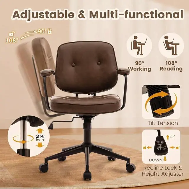 Alt view image 3 of 7 - LukeAlon Comfy PU Leather Office Chair, Brown 360° Swivel Desk Chair with Armrest & Thickened Seat, Tiltable Task Chair with Buttons & Wheels for Home Computer