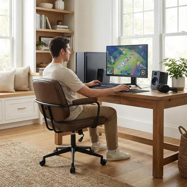 Alt view image 4 of 7 - LukeAlon Comfy PU Leather Office Chair, Brown 360° Swivel Desk Chair with Armrest & Thickened Seat, Tiltable Task Chair with Buttons & Wheels for Home Computer