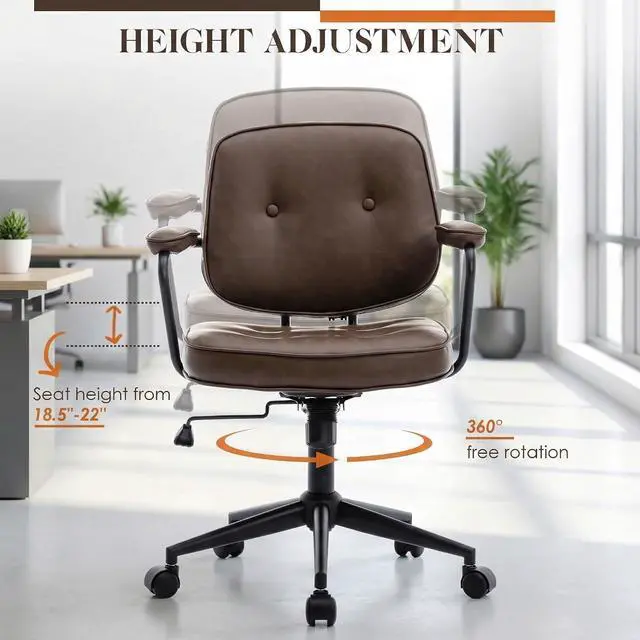 Alt view image 6 of 7 - LukeAlon Comfy PU Leather Office Chair, Brown 360° Swivel Desk Chair with Armrest & Thickened Seat, Tiltable Task Chair with Buttons & Wheels for Home Computer