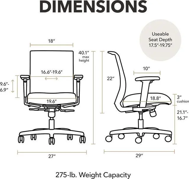 Alt view image 2 of 6 - HON Convergence Ergonomic Office Chair, Office Desk Computer Chair, Black | Vinyl ergonomic desk chair with lumbar support, seat glide, adjustable arms and breathable mesh comfort, office decor