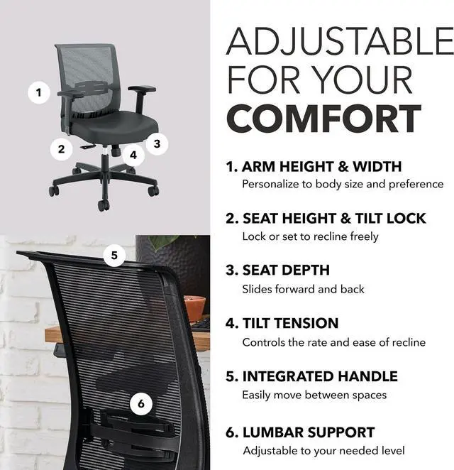 Alt view image 3 of 6 - HON Convergence Ergonomic Office Chair, Office Desk Computer Chair, Black | Vinyl ergonomic desk chair with lumbar support, seat glide, adjustable arms and breathable mesh comfort, office decor