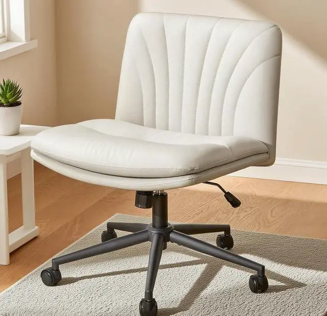 Main image of Marsail Criss Cross Chair with Wheels: PU Leather Cross Legged Office Chair Wide Armless Desk Chair Swivel Height Adjustable Vanity Chair for Make Up,Small Space,Bed Room(Beige)