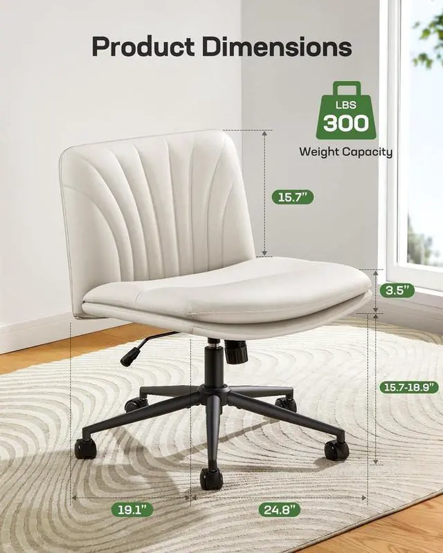 Alt view image 2 of 7 - Marsail Criss Cross Chair with Wheels: PU Leather Cross Legged Office Chair Wide Armless Desk Chair Swivel Height Adjustable Vanity Chair for Make Up,Small Space,Bed Room(Beige)