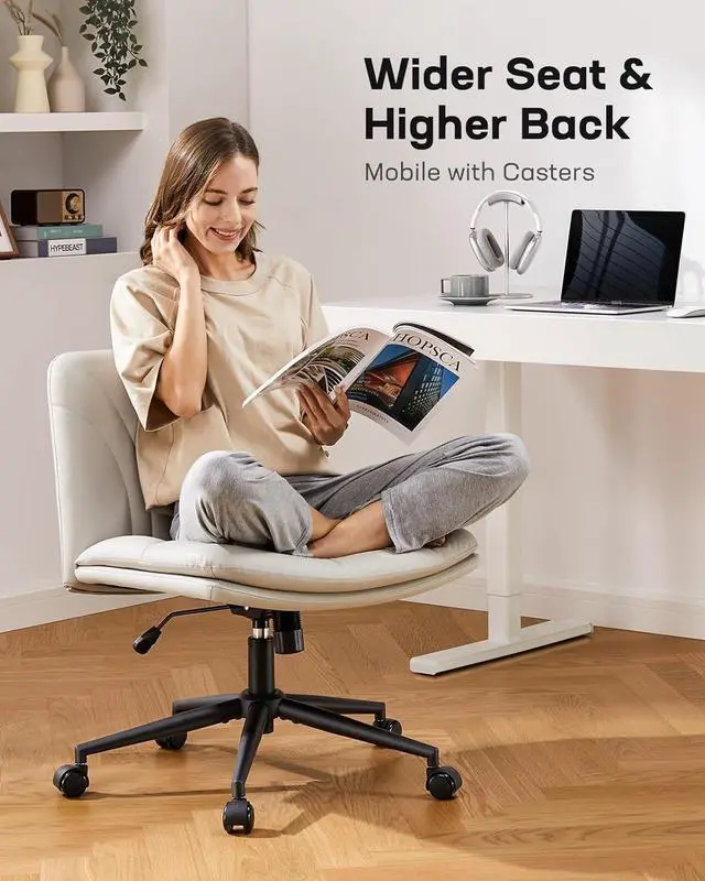 Alt view image 4 of 7 - Marsail Criss Cross Chair with Wheels: PU Leather Cross Legged Office Chair Wide Armless Desk Chair Swivel Height Adjustable Vanity Chair for Make Up,Small Space,Bed Room(Beige)