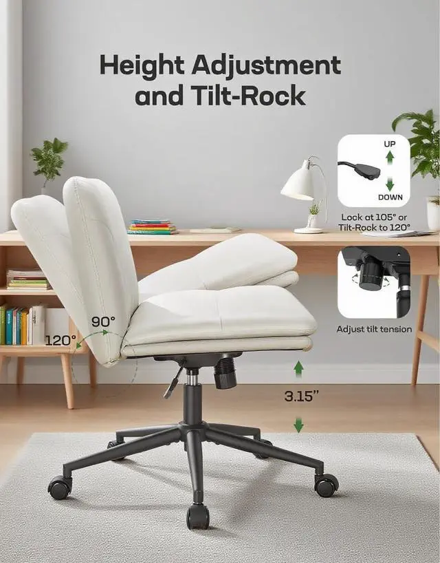 Alt view image 7 of 7 - Marsail Criss Cross Chair with Wheels: PU Leather Cross Legged Office Chair Wide Armless Desk Chair Swivel Height Adjustable Vanity Chair for Make Up,Small Space,Bed Room(Beige)