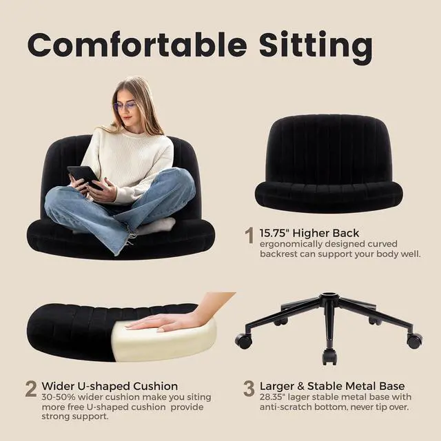 Alt view image 3 of 7 - IWMH Criss Cross Office Chair with Wheels Cross Legged Desk Chair Armless | Black Computer Chair Vanity Chair Wide Seat Swivel Task Chair for Home Office Bedroom Make Up Small Space Height Adjustable