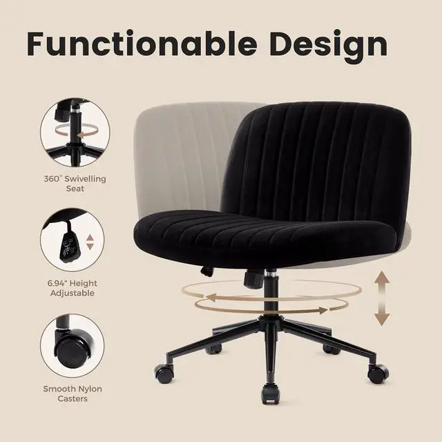 Alt view image 4 of 7 - IWMH Criss Cross Office Chair with Wheels Cross Legged Desk Chair Armless | Black Computer Chair Vanity Chair Wide Seat Swivel Task Chair for Home Office Bedroom Make Up Small Space Height Adjustable