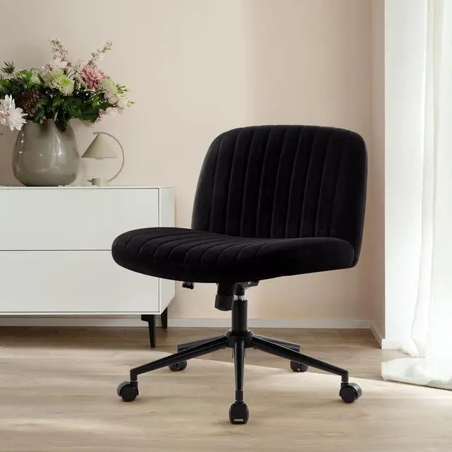 Alt view image 6 of 7 - IWMH Criss Cross Office Chair with Wheels Cross Legged Desk Chair Armless | Black Computer Chair Vanity Chair Wide Seat Swivel Task Chair for Home Office Bedroom Make Up Small Space Height Adjustable