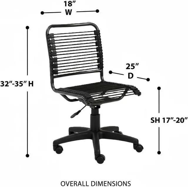 Alt view image 3 of 7 - Euro Style Bungie Low Back Office Chair | Non-Tilt with 360° Swivel | Adjustable Height | Suitable for Home and Business | Black with Graphite Black Frame and Black Base