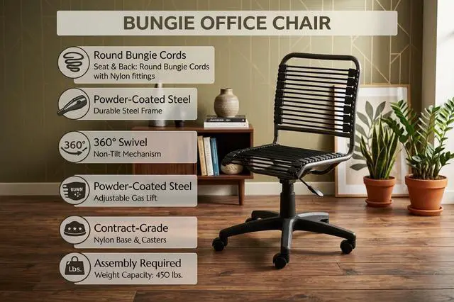 Alt view image 7 of 7 - Euro Style Bungie Low Back Office Chair | Non-Tilt with 360° Swivel | Adjustable Height | Suitable for Home and Business | Black with Graphite Black Frame and Black Base