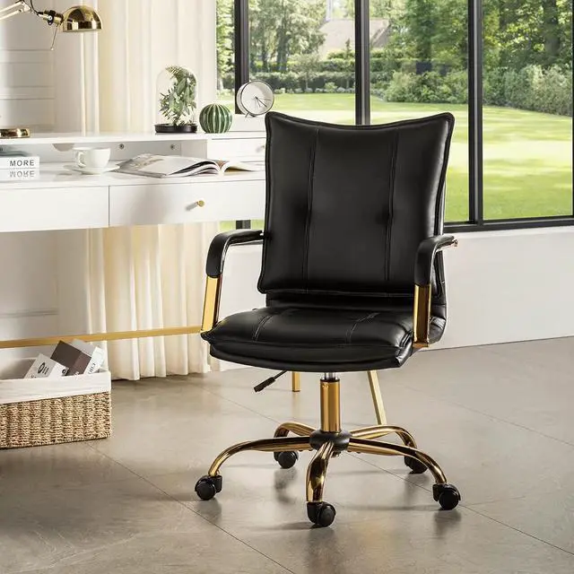 Main image of HULALA HOME Faux Leather Home Office Desk Chair with Golden Legs, Black | Adjustable Leather Swivel Computer Chair, with Excellent Lumbar Support, Comfy Upholstered Task Chair