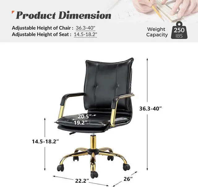 Alt view image 2 of 7 - HULALA HOME Faux Leather Home Office Desk Chair with Golden Legs, Black | Adjustable Leather Swivel Computer Chair, with Excellent Lumbar Support, Comfy Upholstered Task Chair