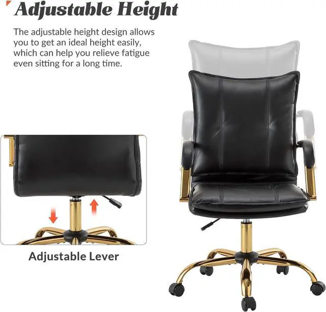 Alt view image 3 of 7 - HULALA HOME Faux Leather Home Office Desk Chair with Golden Legs, Black | Adjustable Leather Swivel Computer Chair, with Excellent Lumbar Support, Comfy Upholstered Task Chair