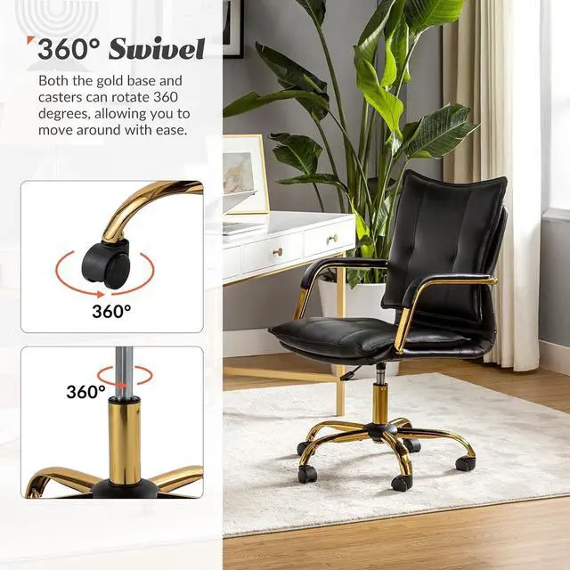 Alt view image 5 of 7 - HULALA HOME Faux Leather Home Office Desk Chair with Golden Legs, Black | Adjustable Leather Swivel Computer Chair, with Excellent Lumbar Support, Comfy Upholstered Task Chair
