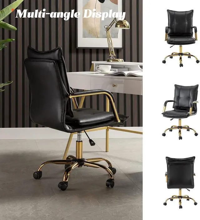 Alt view image 6 of 7 - HULALA HOME Faux Leather Home Office Desk Chair with Golden Legs, Black | Adjustable Leather Swivel Computer Chair, with Excellent Lumbar Support, Comfy Upholstered Task Chair