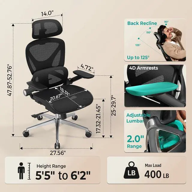Alt view image 2 of 7 - CAPOT Ergonomic Mesh Office Chair, Adjustable Lumbar High Back Desk Chair 400lbs, 4D Flip-up Arms, 3-Level Tilt Backrest, 3D Headrest, PU Wheels, Swivel Rolling Computer Seating for Long Desk Work