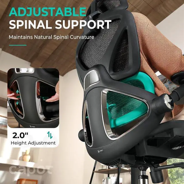 Alt view image 3 of 7 - CAPOT Ergonomic Mesh Office Chair, Adjustable Lumbar High Back Desk Chair 400lbs, 4D Flip-up Arms, 3-Level Tilt Backrest, 3D Headrest, PU Wheels, Swivel Rolling Computer Seating for Long Desk Work