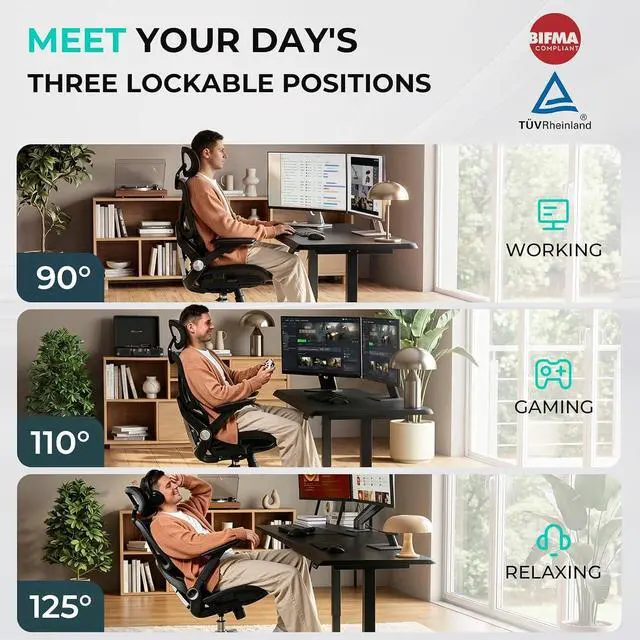 Alt view image 4 of 7 - CAPOT Ergonomic Mesh Office Chair, Adjustable Lumbar High Back Desk Chair 400lbs, 4D Flip-up Arms, 3-Level Tilt Backrest, 3D Headrest, PU Wheels, Swivel Rolling Computer Seating for Long Desk Work