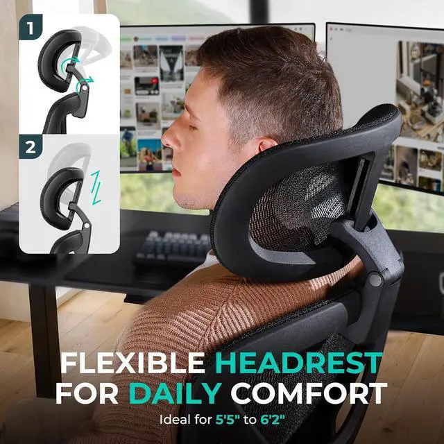 Alt view image 5 of 7 - CAPOT Ergonomic Mesh Office Chair, Adjustable Lumbar High Back Desk Chair 400lbs, 4D Flip-up Arms, 3-Level Tilt Backrest, 3D Headrest, PU Wheels, Swivel Rolling Computer Seating for Long Desk Work