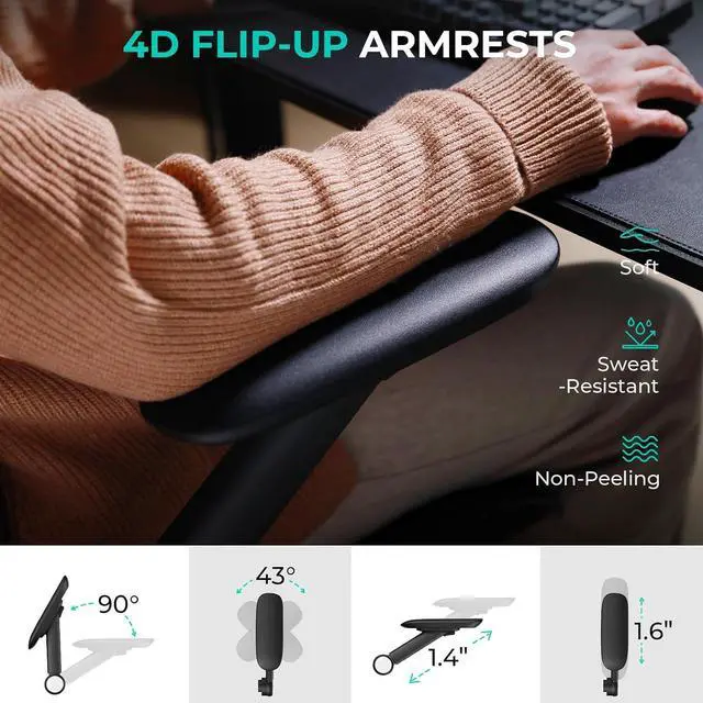 Alt view image 6 of 7 - CAPOT Ergonomic Mesh Office Chair, Adjustable Lumbar High Back Desk Chair 400lbs, 4D Flip-up Arms, 3-Level Tilt Backrest, 3D Headrest, PU Wheels, Swivel Rolling Computer Seating for Long Desk Work