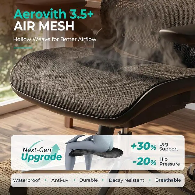Alt view image 7 of 7 - CAPOT Ergonomic Mesh Office Chair, Adjustable Lumbar High Back Desk Chair 400lbs, 4D Flip-up Arms, 3-Level Tilt Backrest, 3D Headrest, PU Wheels, Swivel Rolling Computer Seating for Long Desk Work