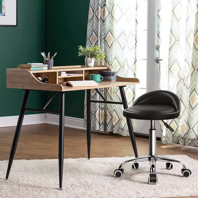 Alt view image 2 of 7 - KKTONER PU Leather Round Rolling Stool with Back Rest Height Adjustable Swivel Drafting Work SPA Task Chair with Wheels Black