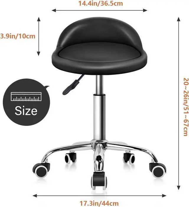 Alt view image 3 of 7 - KKTONER PU Leather Round Rolling Stool with Back Rest Height Adjustable Swivel Drafting Work SPA Task Chair with Wheels Black