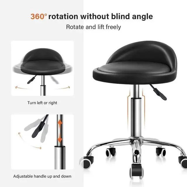 Alt view image 4 of 7 - KKTONER PU Leather Round Rolling Stool with Back Rest Height Adjustable Swivel Drafting Work SPA Task Chair with Wheels Black