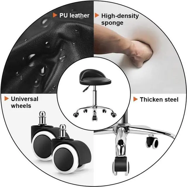 Alt view image 5 of 7 - KKTONER PU Leather Round Rolling Stool with Back Rest Height Adjustable Swivel Drafting Work SPA Task Chair with Wheels Black