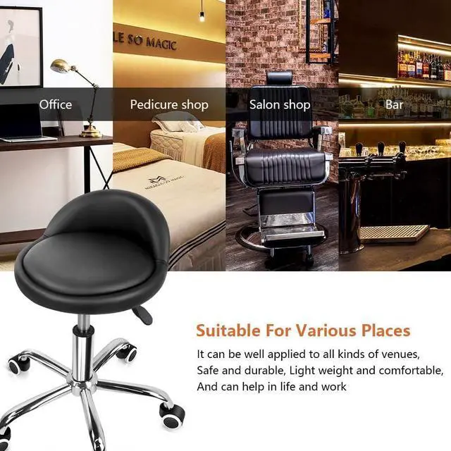 Alt view image 6 of 7 - KKTONER PU Leather Round Rolling Stool with Back Rest Height Adjustable Swivel Drafting Work SPA Task Chair with Wheels Black