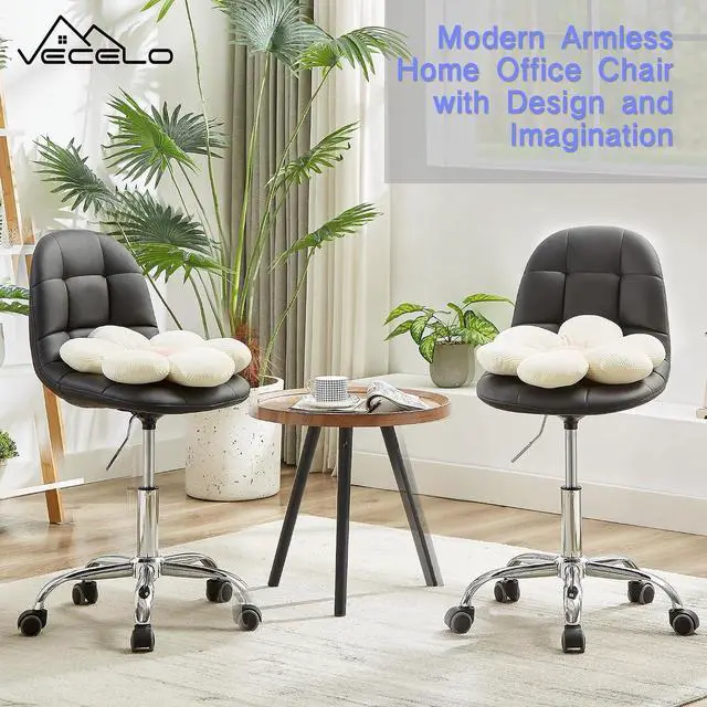Alt view image 4 of 7 - VECELO Armless PU Leather Vanity & Desk Chair,Mid-Back HeightAdjustable Swivel Chair with Wheels, 330 Lbs Capacity, Black