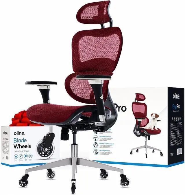 Main image of Oline ErgoPro Ergonomic Office Chair with 4D Adjustable Armrest, 3D Lumbar Support and Blade Wheels - Mesh Computer Gaming Rolling Desk Executive Swivel Home Chair (Burgundy Red)