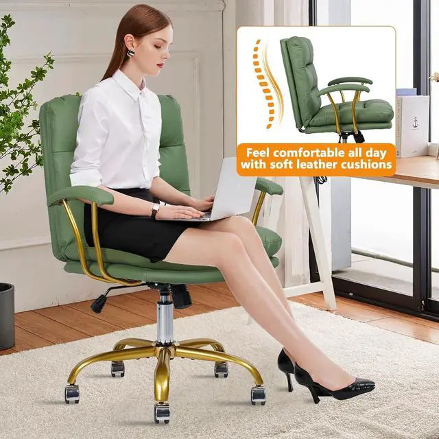 Alt view image 6 of 7 - KLASIKA Leather Home Office Desk Chair, Mid-Back Vanity Chair Make Up Chair with Gold Wheels & Removable Armrests, Rolling Swivel Computer Task Chair for Office Bedroom Living Room Girls Women, Green