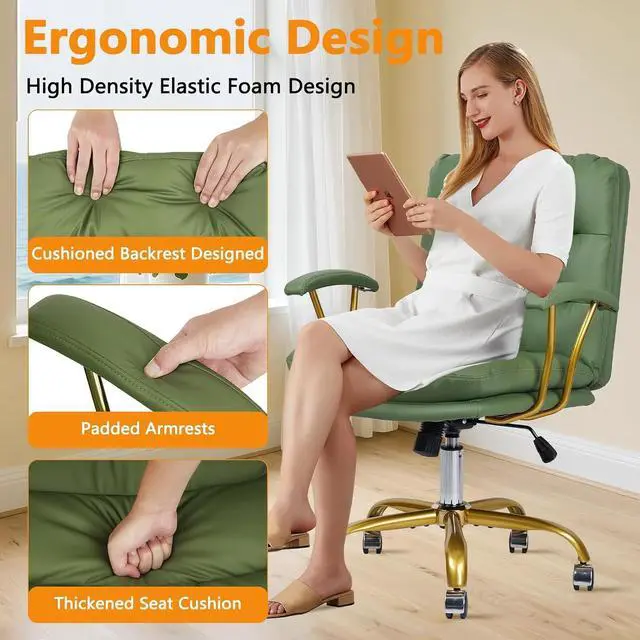 Alt view image 7 of 7 - KLASIKA Leather Home Office Desk Chair, Mid-Back Vanity Chair Make Up Chair with Gold Wheels & Removable Armrests, Rolling Swivel Computer Task Chair for Office Bedroom Living Room Girls Women, Green