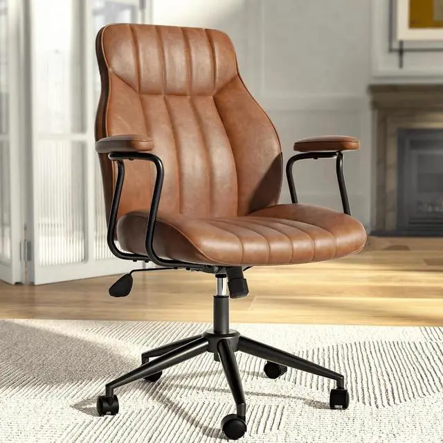 Main image of Brown Leather Office Chair, Mid Century Home Office Desk Chair | Ergonomic Curve Design, Removable Padded Arms, Height Adjustable Swivel Seat & Smooth Wheels, Vintage Mid-Back Computer Chair
