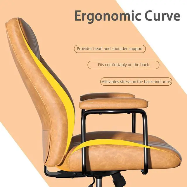 Alt view image 3 of 7 - Brown Leather Office Chair, Mid Century Home Office Desk Chair | Ergonomic Curve Design, Removable Padded Arms, Height Adjustable Swivel Seat & Smooth Wheels, Vintage Mid-Back Computer Chair