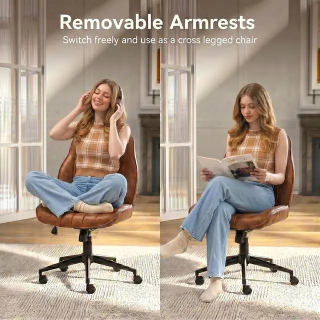 Alt view image 4 of 7 - Brown Leather Office Chair, Mid Century Home Office Desk Chair | Ergonomic Curve Design, Removable Padded Arms, Height Adjustable Swivel Seat & Smooth Wheels, Vintage Mid-Back Computer Chair