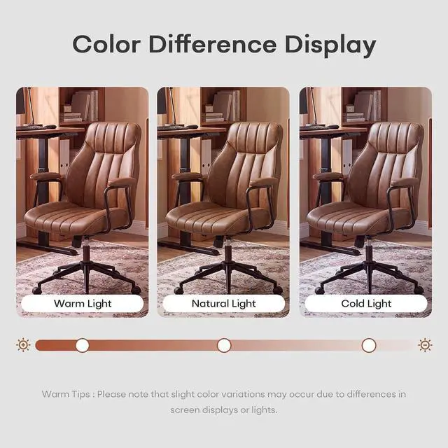 Alt view image 5 of 7 - Brown Leather Office Chair, Mid Century Home Office Desk Chair | Ergonomic Curve Design, Removable Padded Arms, Height Adjustable Swivel Seat & Smooth Wheels, Vintage Mid-Back Computer Chair