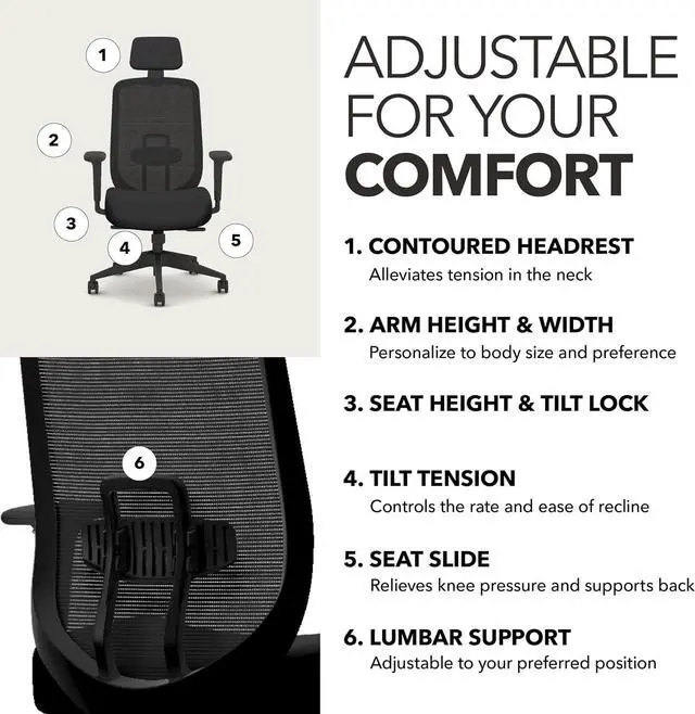 Alt view image 4 of 6 - HON Altern Ergonomic Office Chair, Office Desk Computer Chair, Black | Mesh desk chair with lumbar support, headrest, seat slide, adjustable arms, computer chair for home office productivity