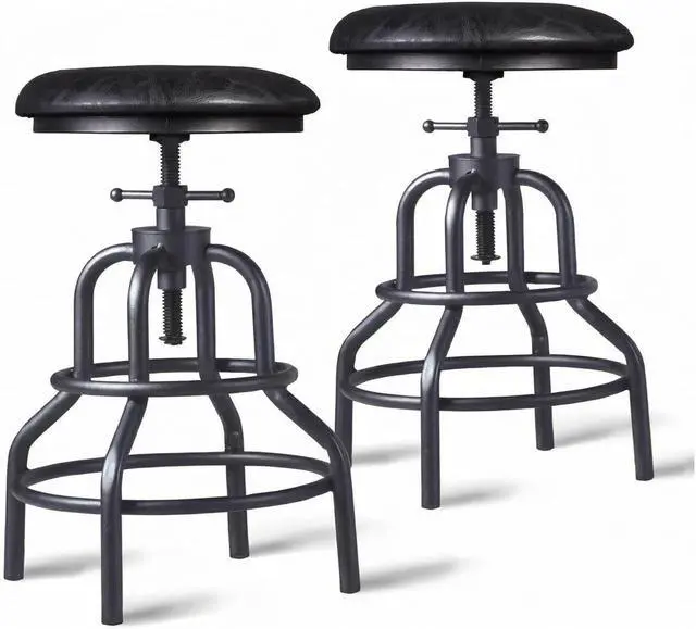 Main image of Industrial Vintage Counter Stool, Kitchen Counter Height Adjustable Swivel Chair, Metal Frame Stool, 20.47-26.77 Inch, Fully Welded Base, Black PU Upholstered, Set of 2
