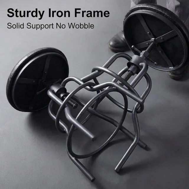 Alt view image 4 of 7 - Industrial Vintage Counter Stool, Kitchen Counter Height Adjustable Swivel Chair, Metal Frame Stool, 20.47-26.77 Inch, Fully Welded Base, Black PU Upholstered, Set of 2