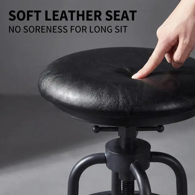 Alt view image 6 of 7 - Industrial Vintage Counter Stool, Kitchen Counter Height Adjustable Swivel Chair, Metal Frame Stool, 20.47-26.77 Inch, Fully Welded Base, Black PU Upholstered, Set of 2