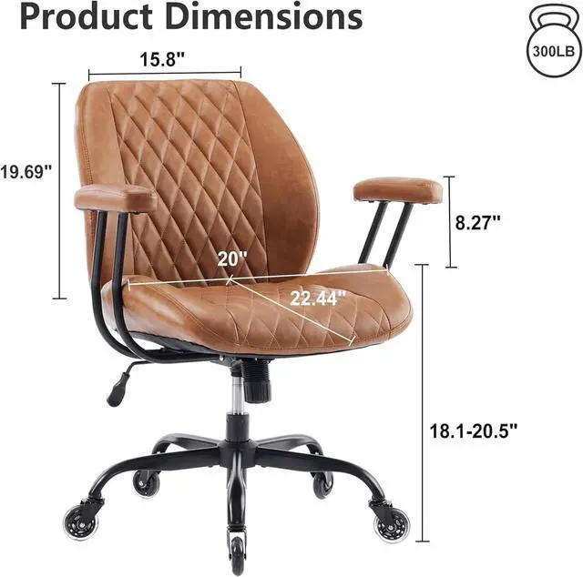 Alt view image 2 of 7 - YFO Home Office Desk Chair Office Rubber Casters Ergonomic Computer Chair with Lumbar Support Adjustable Height Rolling Swivel Executive Task Armrests Chair Brown Leather