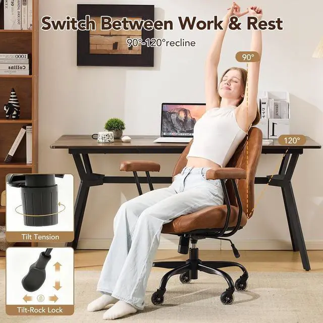 Alt view image 3 of 7 - YFO Home Office Desk Chair Office Rubber Casters Ergonomic Computer Chair with Lumbar Support Adjustable Height Rolling Swivel Executive Task Armrests Chair Brown Leather