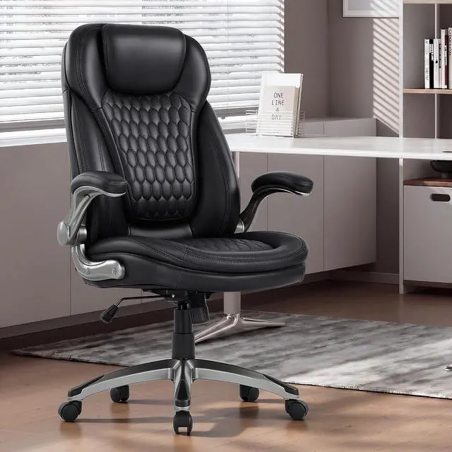 Alt view image 2 of 7 - Office Chair Ergonomic Desk Chair-Executive Office Chair, High Back Computer Chair Flip-up Arms, Strong Metal Base, Swivel Rolling Leather Chair for Adult Work/Study-Black, 300lbs